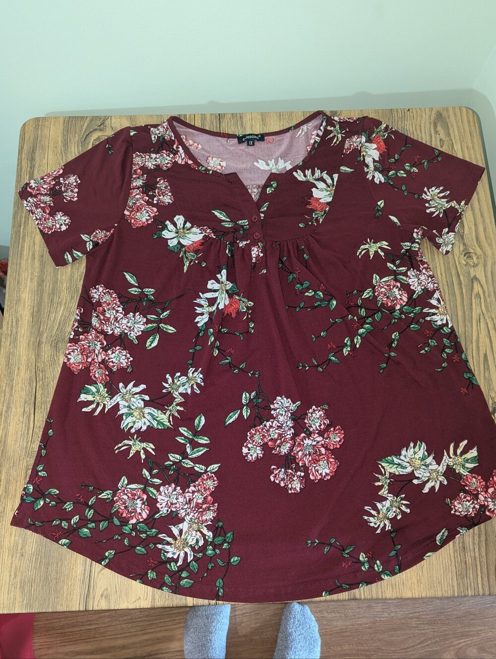 1X Like New Floral Short-Sleeve Tunic Top Burgundy